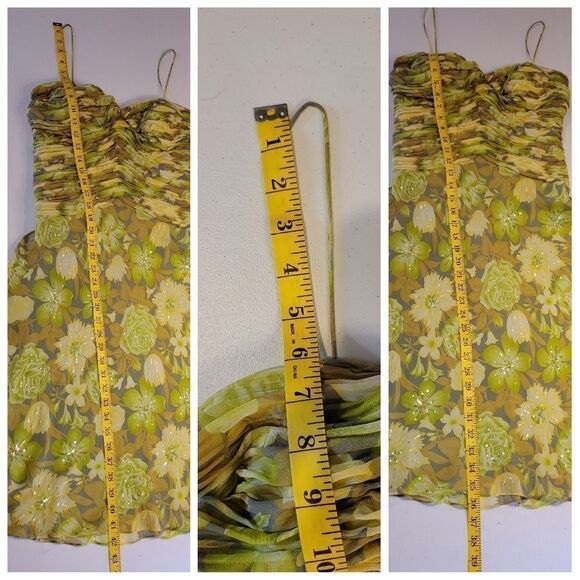 Chetta B Silk Midi Dress Y2K Floral Wasabi Green Ruched Pleat Bodice Fairycore - Picture 12 of 14